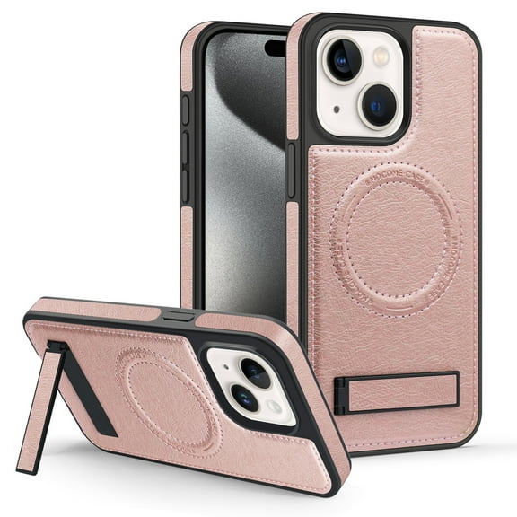 Magnetic for iPhone 14 Premium PU Leather Case,Built-in Invisible Stand [Compatible with Magsafe] Protective Slim Kickstand Phone Cover Compatible with iPhone 14, Rosegold