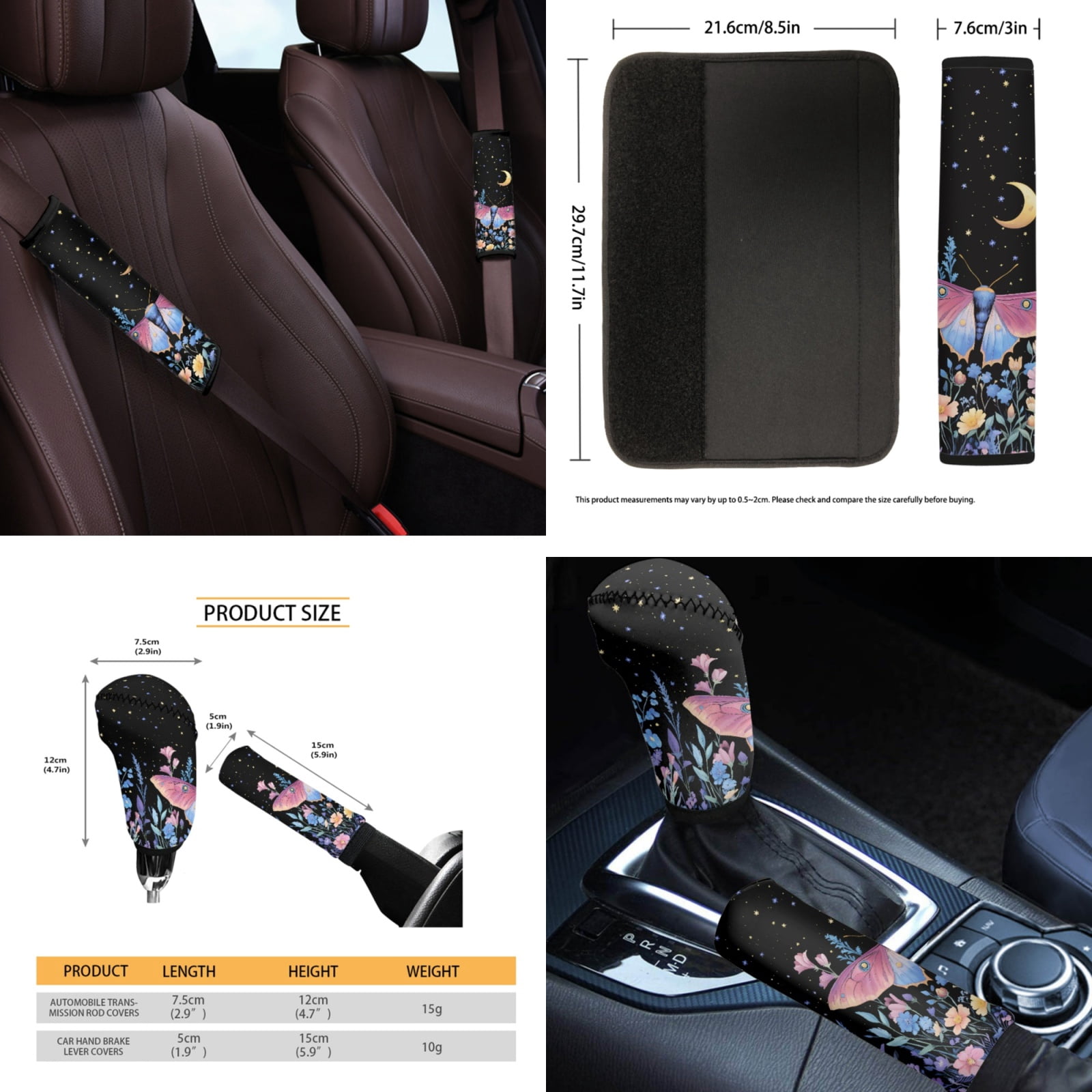 Yuyamidu Butterfly Car Seat Cover Full Set with Steering Wheel Cover Flower Seat Belt Strap Pads Cup Coasters Trash Bag Rearview Mirror Cover Armrest Cover Pad Auto Handbrake Cover Set of 14