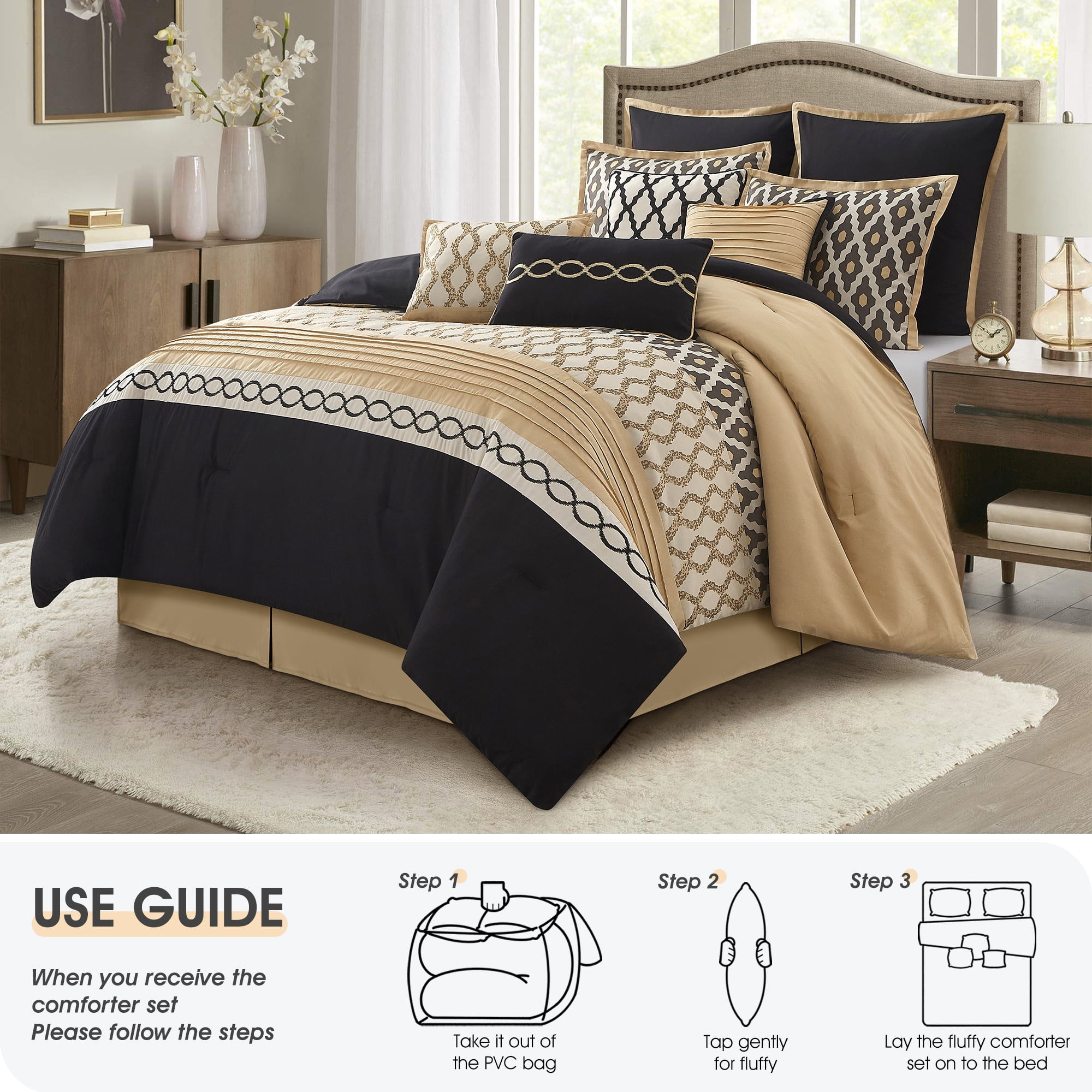 Lanco Geometirc Queen Black Gold Comforter Set, 10 Piece, Jacquard Bedding Comforters & Sets, Bedskirt, Pillows & Shams, Ultra-Soft