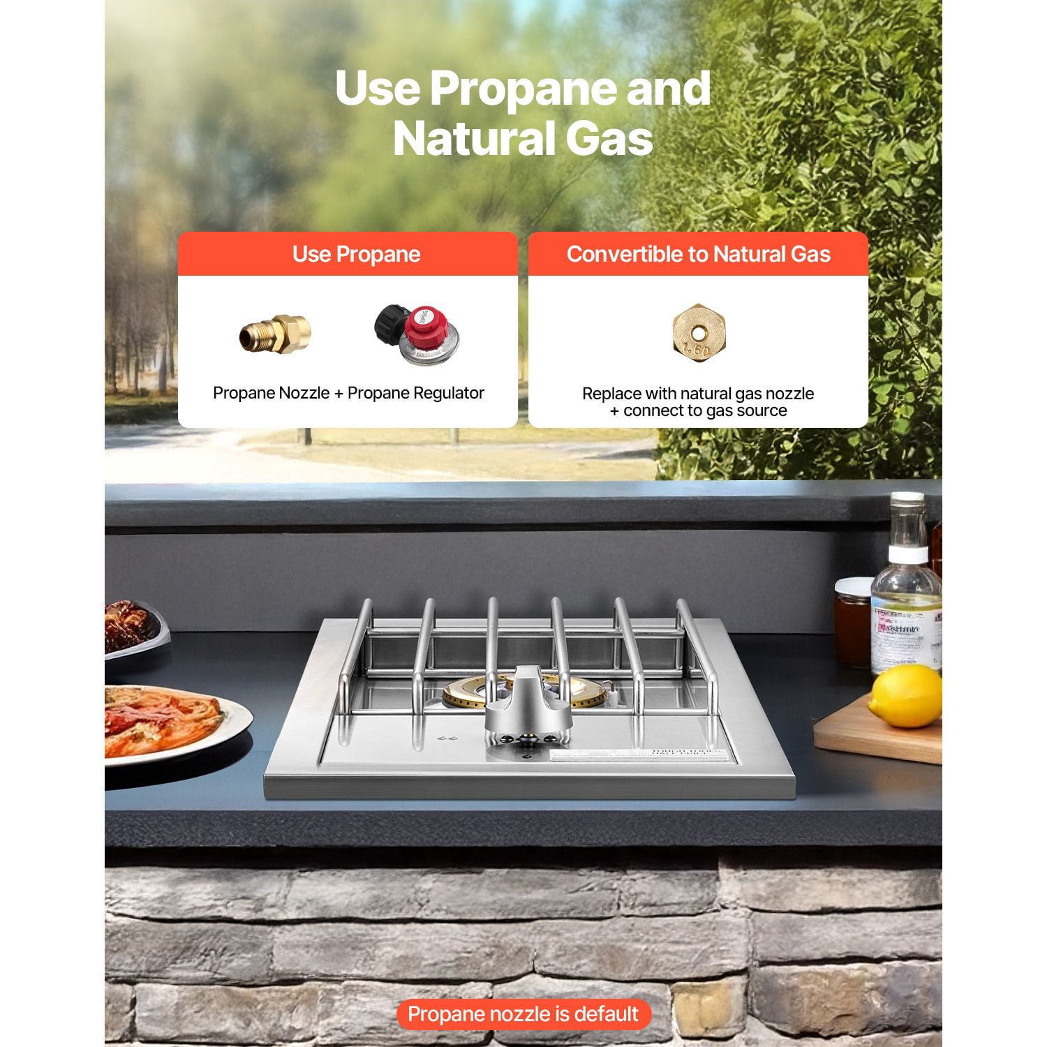 15,000 BTU LP Side Burner for Outdoor Kitchen, Convertible to Natural Gas, 304 Stainless Steel Built-in Grill Burner for BBQ Grill Island