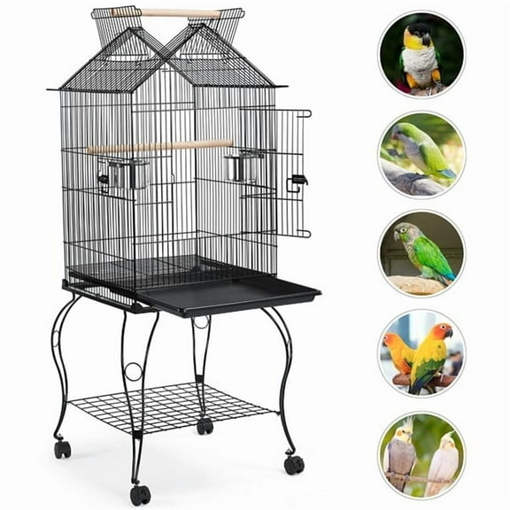 BFNAGB 57inch Double Roof Top Bird Cage – Sturdy Metal Open Top Parakeet Home with Stand, Sleek Black Design for Spacious Comfort & Versatile Use
