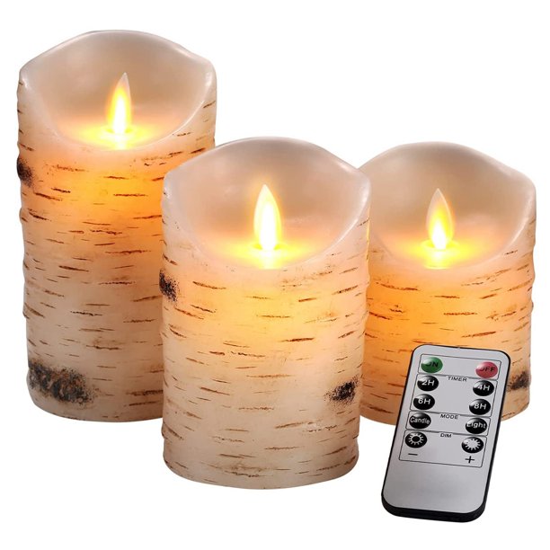 Flameless Candles LED Candles Set of 3 Birch Bark Effect Battery