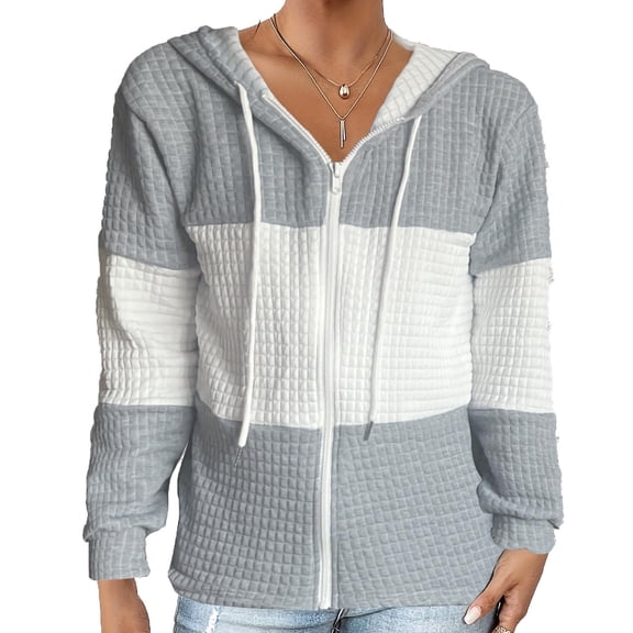 RongHuan Sweatshirt for Women Color Block Drawstring Lightweight Hoodies Zip Up Long Sleeve Jackets