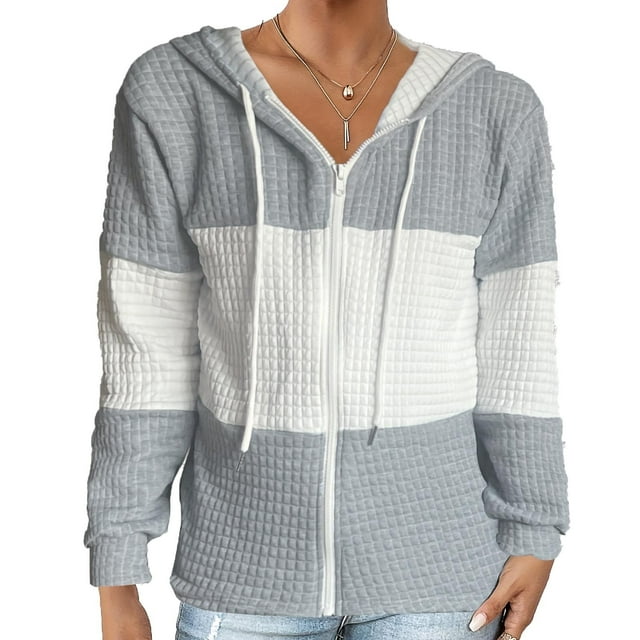 Lovzfmll Chandail à Capuchon Colorblock pour Femme, Manches Tombantes Chandail Décontracté Gris, P