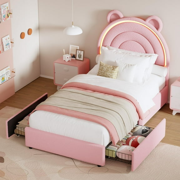 Twin Size Velvet Bed Frame with Rainbow Headboard & LED Lights, 2 Storage Drawers, Platform Bed with Solid Wood Slats, No Box Spring Needed, Pink