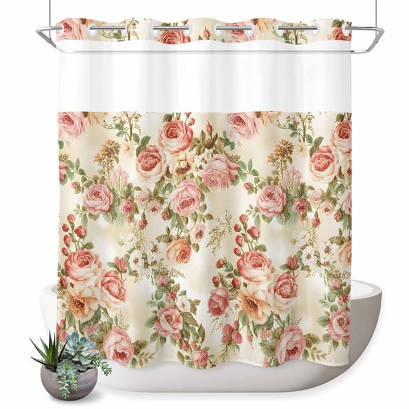 No Hook Shower Curtain with Built-in Rings - Pink Retro Rose Washable Waterproof Fabric Bathroom Curtains for Hotel,Rentals, 72 X 78 Inch Long , Vintage Floral