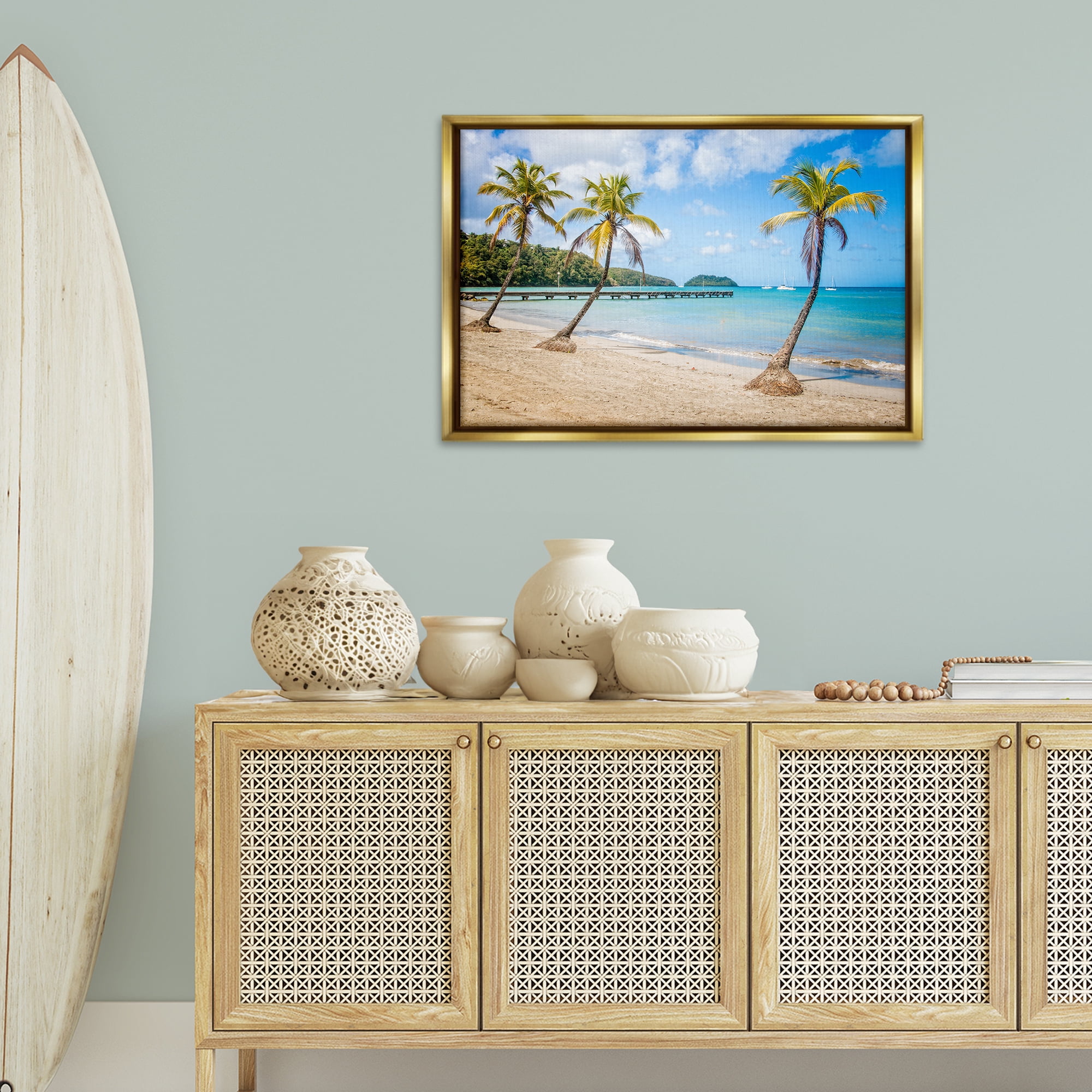 Stupell Industries Tropical Palm Tree Trio Nautical & Beach Photography Gold Floater Framed Canvas Art Print Wall Art, 31 x 21