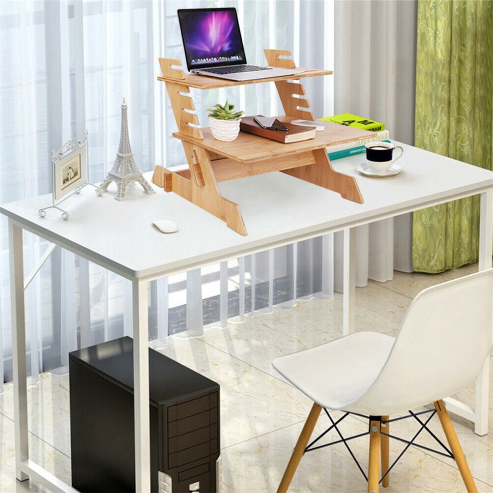 MarketLane Bamboo Standing Monitor Stand Desk Convertor Riser for Monitor Adjustable Height Standup Desk Top Laptop Workstation with Phone Headset Holder