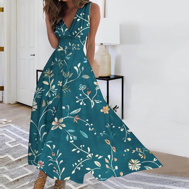 LOVZFMLL Dresses Women's Spring/Summer Sleeveless Color V-Neck Wrapped Chest Dress Long Dress