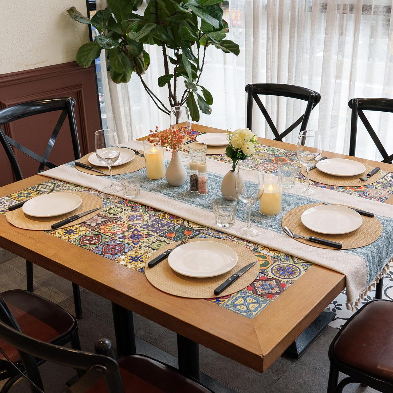 PROMATTOO Round Vinyl Woven Embossed Placemats Set of 6,Faux Leather Waterproof Dining Mat,Golden Beige