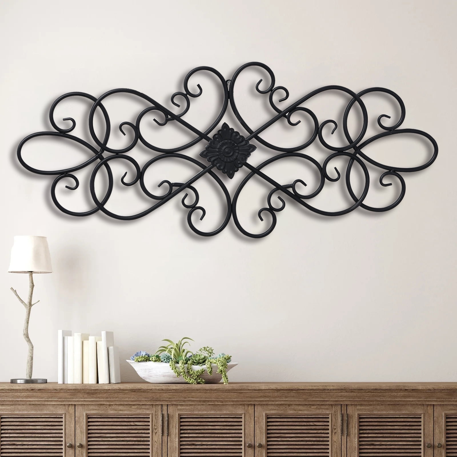 Sintosin Farmhouse Wall Decor 32" x 14" - Black Wrought Iron Flower Plaque Scroll Metal Wall Art for Bedroom, Living Room, Entryway Home & Garden Decor (Metal Decor)