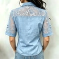 thumbnail image 4 of Denim Shirt for Women with Lace Sheer Mesh Floral Short Sleeve Button Down Casual Tops for Women,L, 4 of 4