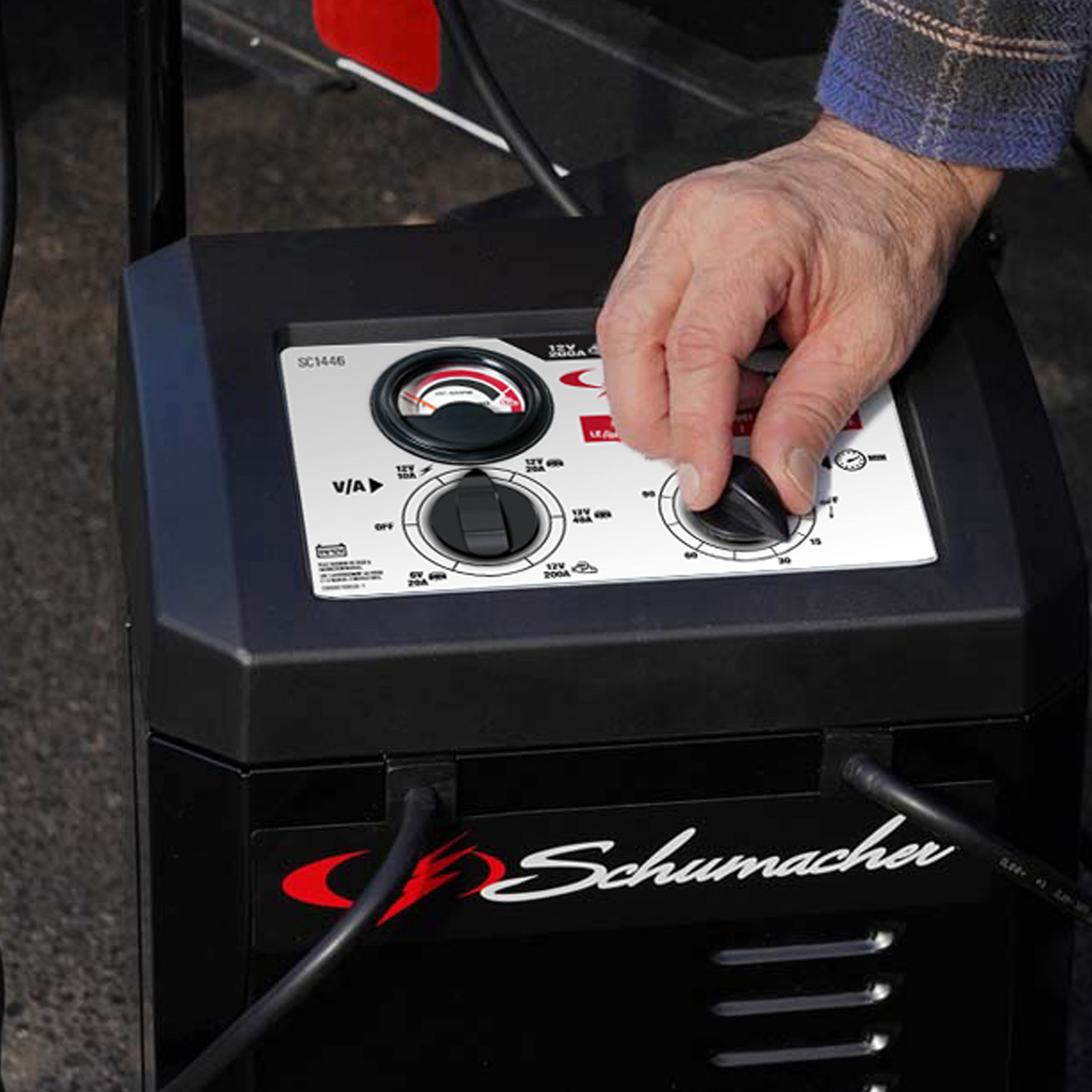 Schumacher Electric Wheeled Manual 10A Car Battery Charger and 200A Engine Starter, 40A Boost, 6V/12V Sport, Auto, and Marine Batteries, SC1446