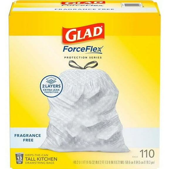 Glad Trash Bags, ForceFlex Tall Kitchen Drawstring Garbage Bags, 13 Gal, Fragrance Free, 110 Ct, Package May Vary