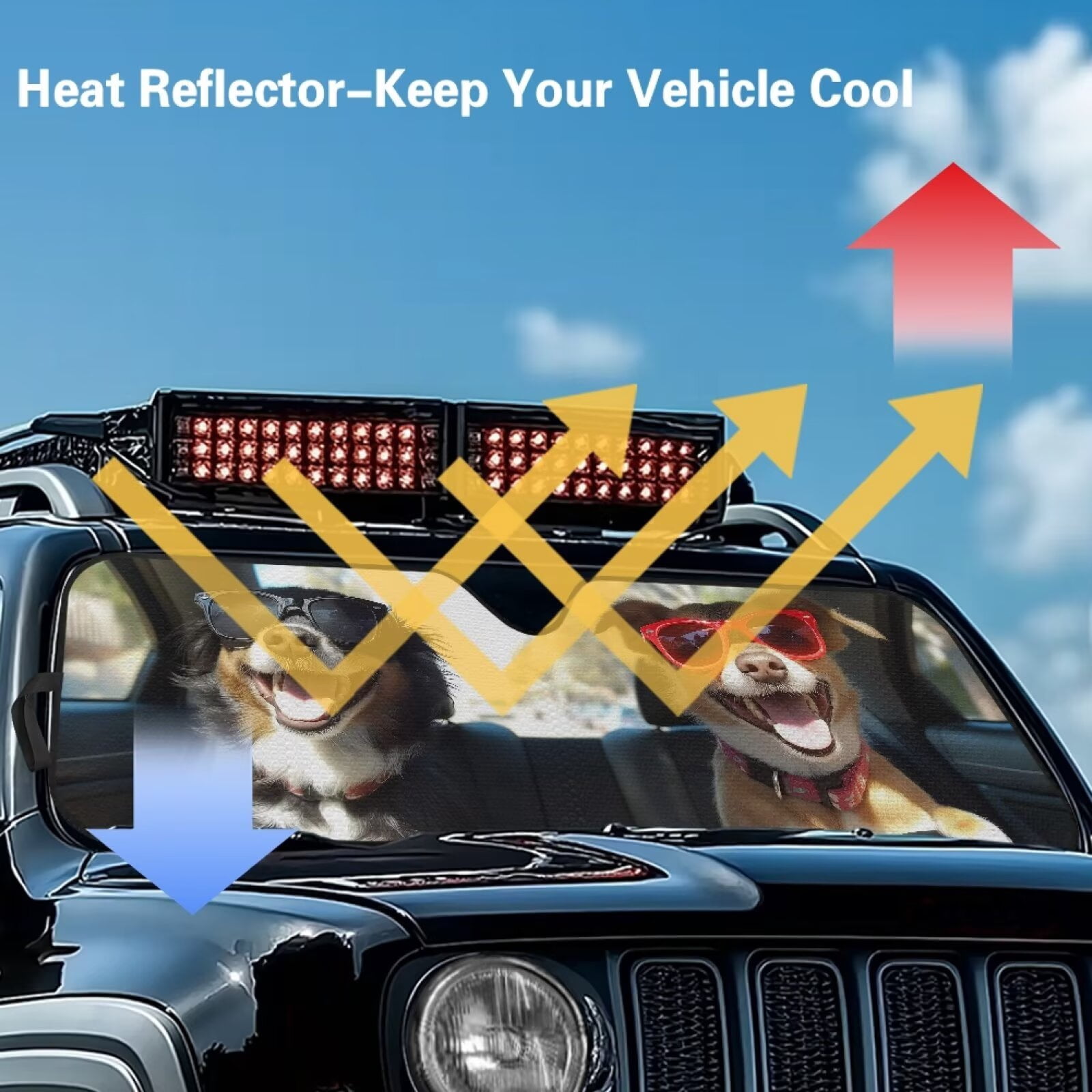 XYZCANDO Dogs Windshield Sun Shade Compatible with Jeep JK JKU JL JLU 1997-2023 Polyester Fully Covered Foldable Front Sunshade Keep Your Vehicle Cool Shade Heat Shield