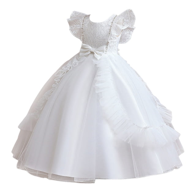 LUOGENLI Robe Enfants Filles Été Sans Manches Dentelle Nœud en Maille Longue Robe de Princesse Robe de Performance de Piano Jupe Maxi Ensemble à Volants Blanc 7-8 Ans
