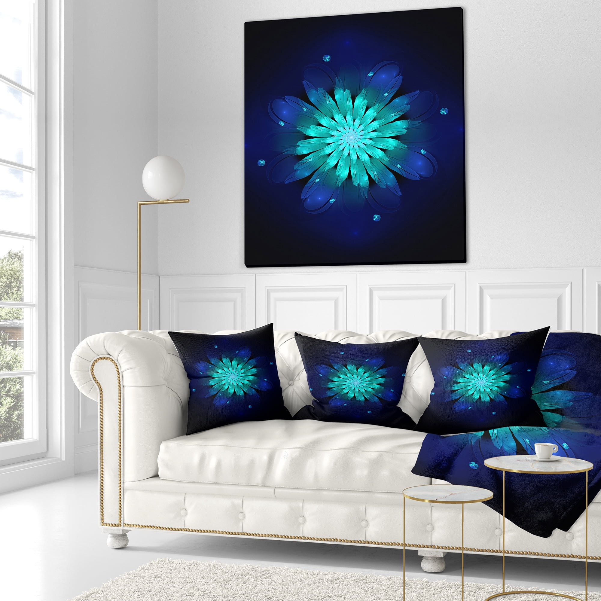 Designart Fractal Flower Blue N Turquoise - Floral Throw Pillow - 16x16