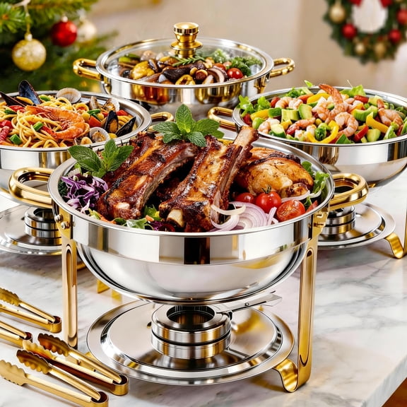 CATGOOD Chafing Dishes for Buffet 4 Pack, 5.3QT Round Chafing Dish Buffet Set for Parties, Gold Stainless Steel Buffet Servers and Warmers with 4 Serving Tongs