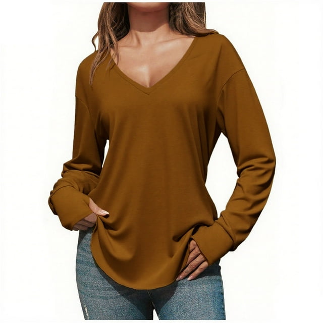 HongQid Women's V Neck Long Sleeve T Shirts Casual Color Block/Solid Tunic Tops Basic Tees for Fall Spring