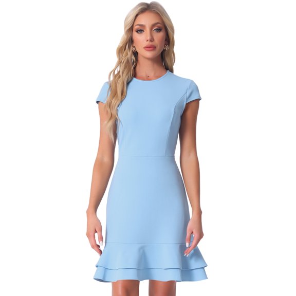 DARING DIVA Cap Sleeves Round Neck Tiered Ruffled Hem Dress L Sky Blue