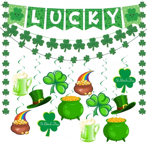 XIBUFE St Patricks Day Decorations Pre-Assembled Shamrock Lucky Banner Garlands Clover Hanging Swirls Irish Decor for Home Saint Patrick Party Supplies St Patricks Day Garland