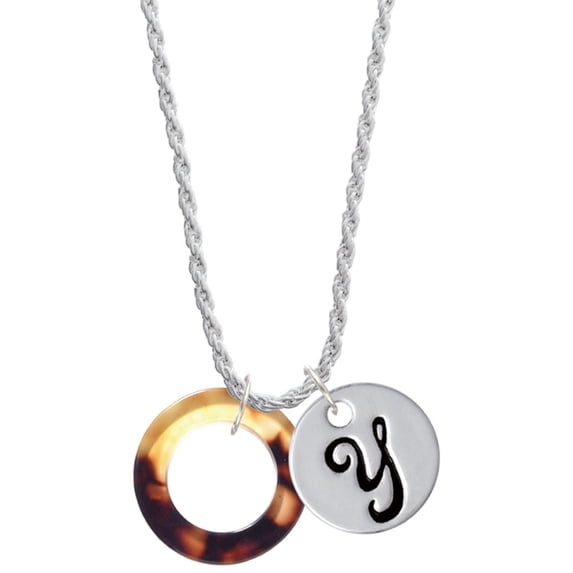 Delight Jewelry Acrylic 7/8" Ring Mixed Brown and Yellow Silvertone Script Initial Disc - Y - Charm Necklace, 20"+3"