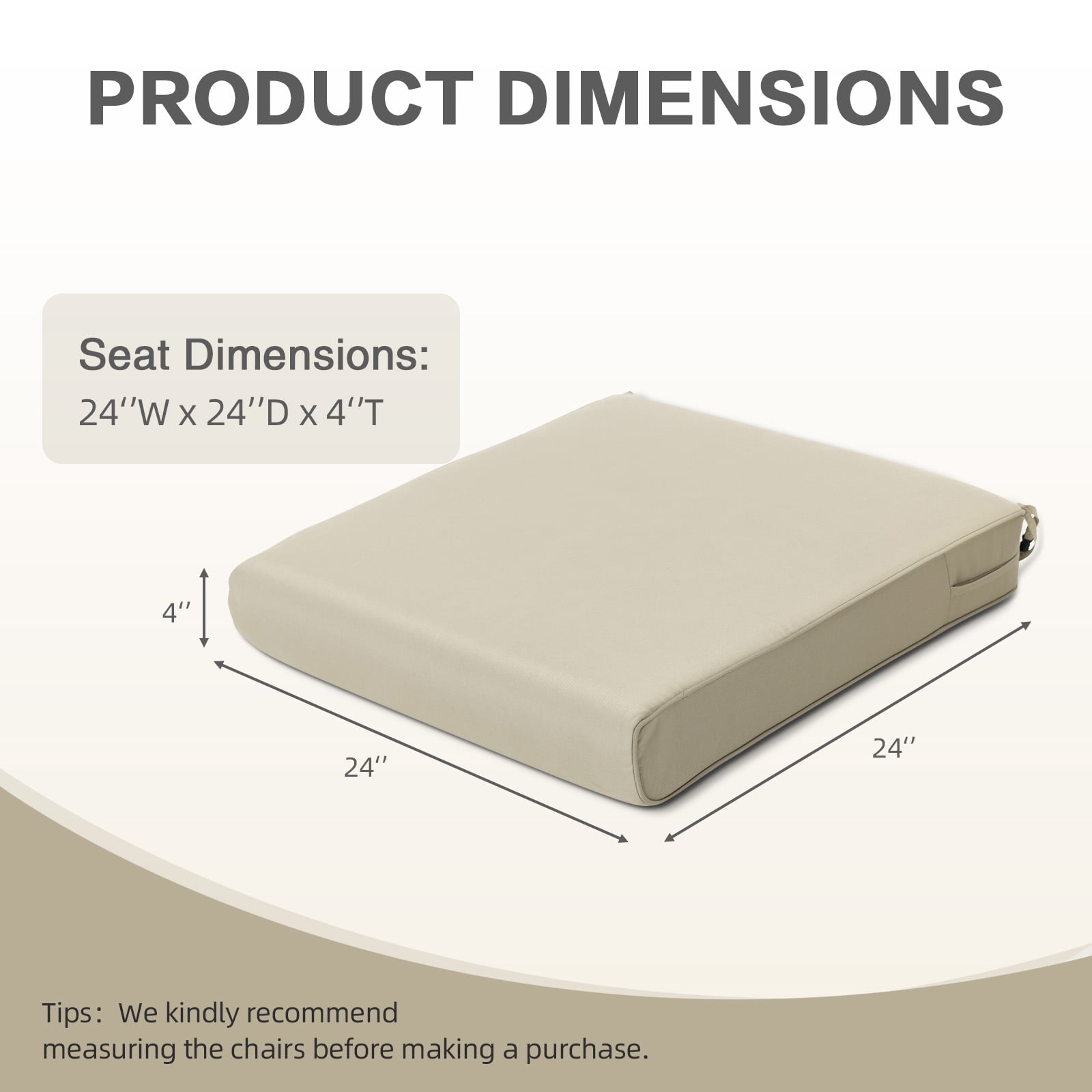 Aoodor Outdoor Seat Pads Chair Cushion W24''xD24'', Fade-resistant Polyester, Removable Cover with Hidden Zipper,Adaptable Secure Ties for patio, garden, or terrace, Set of 2