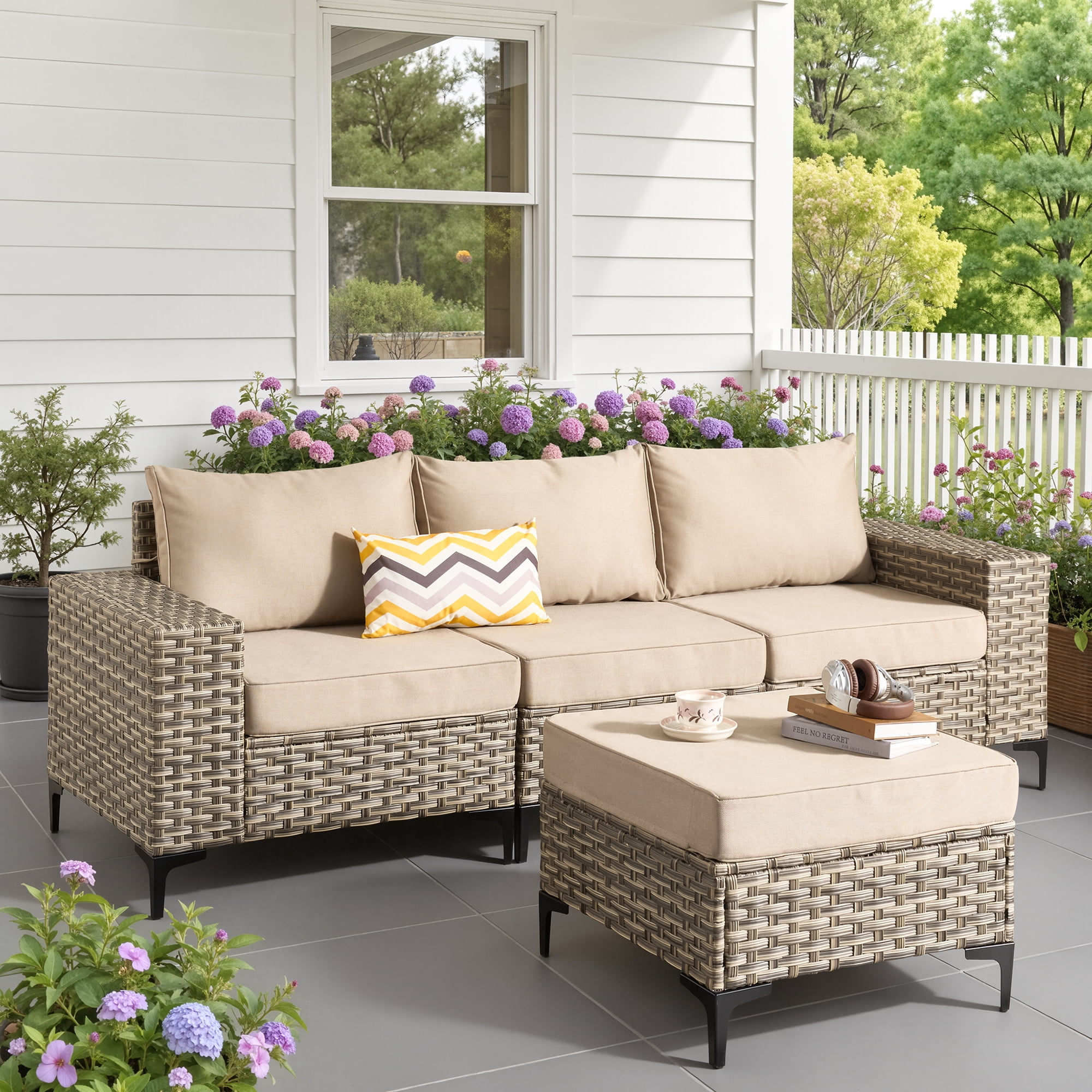 Ovios 4 Pieces Wicker Patio Furniture Sets Outdoor Conversation Sectional Sofa for Backyard Deck
