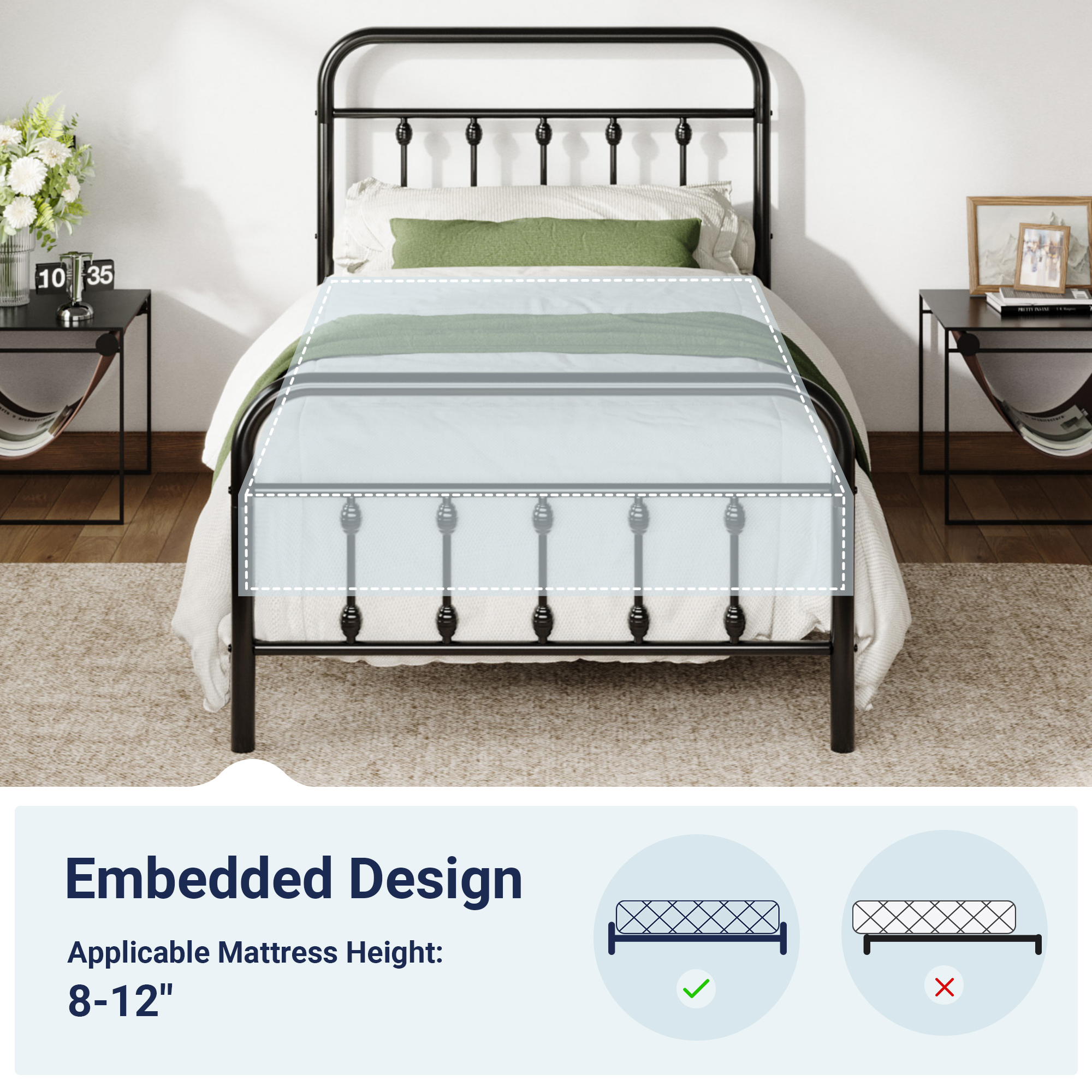 Allewie Twin Metal Platform Bed Frame with Vintage Pattern Headboard/Footboard, No Box Spring Needed, Black