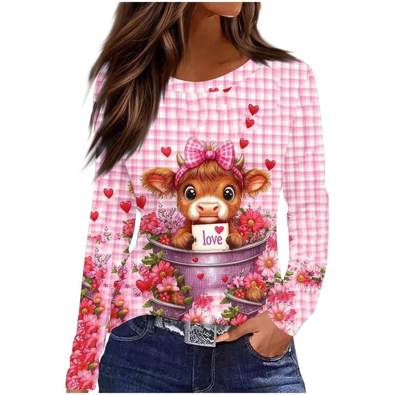 AGWOLF Long Sleeve Shirts for Women Cute Cow Graphic Tees Funny Valentines Day Shirt Plus Size Crewneck Pullover Holiday Top