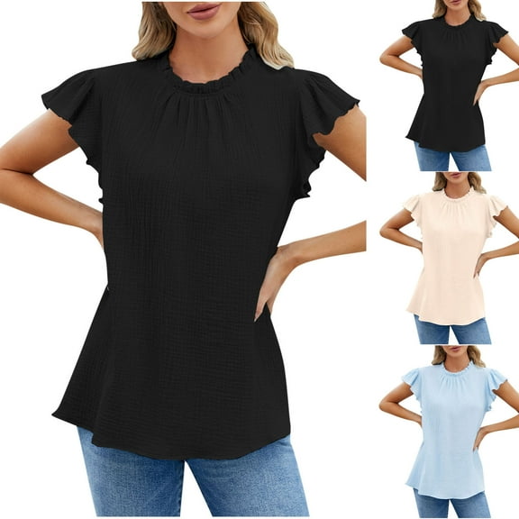 Fesfesfes Essentials Shirt Fashion Casual Women's Solid Short Sleeve Round-neck Fold T-shrit Top Blouse Short Sleeve Shirt M(US:6)