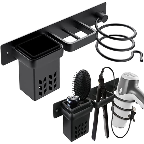 TIE-DailyNec Wall Mounted Hair Dryer Holder, Bathroom Storage Organizer Rack for Styling Tools, Curling Wand Straightener, Black