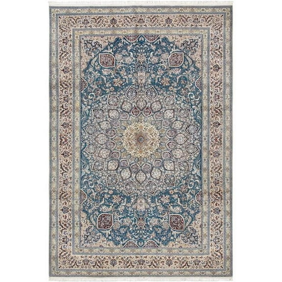 Pasargad Home 83" x 127" Hand-Knotted Silk & Wool Area Rug in Blue/Ivory