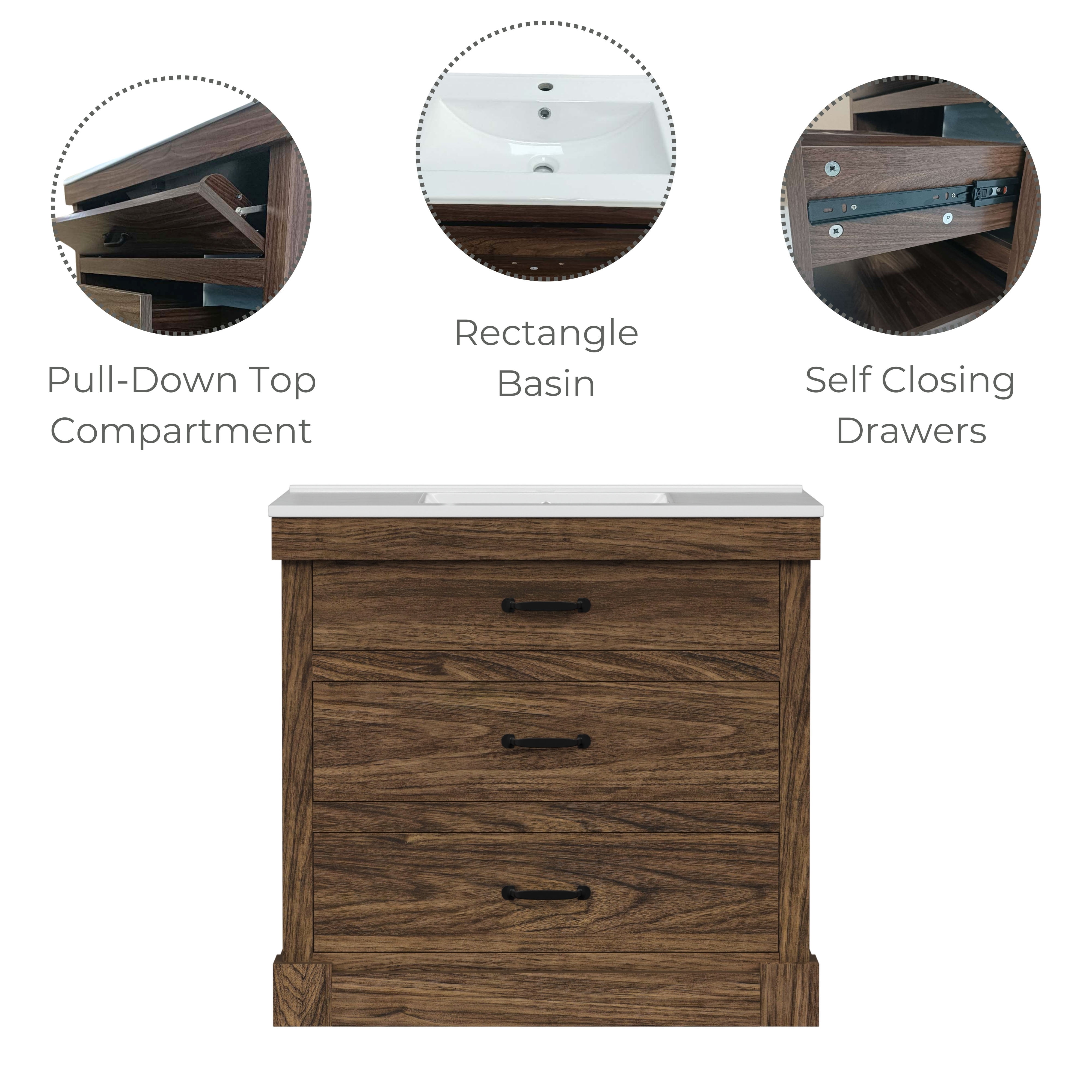 Teamson Home Donovan 36" Single Bathroom Vanity with Integrated Square Sink and Two Drawers, Walnut