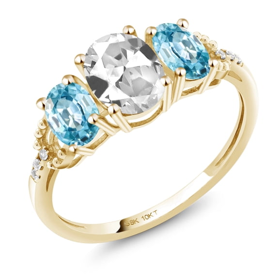 Gem Stone King 10K Yellow Gold White Created Sapphire Blue Zircon and White Diamond 3-Stone Engagement Ring for Women (2.32 Cttw, Size 5)