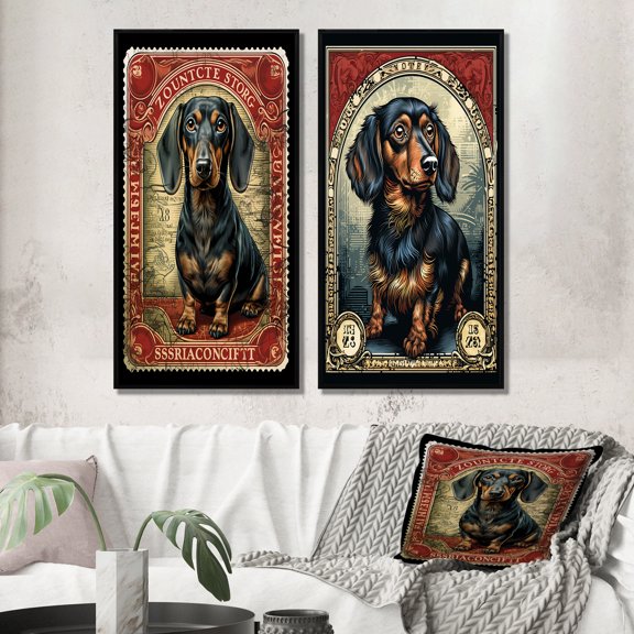 Designart "Retro Stamp Cute Dachshund Illustration I" Animals Dog Daschund Framed Wall Art Set Of 2 - Children's Art Black Framed Wall Art Set Of 2