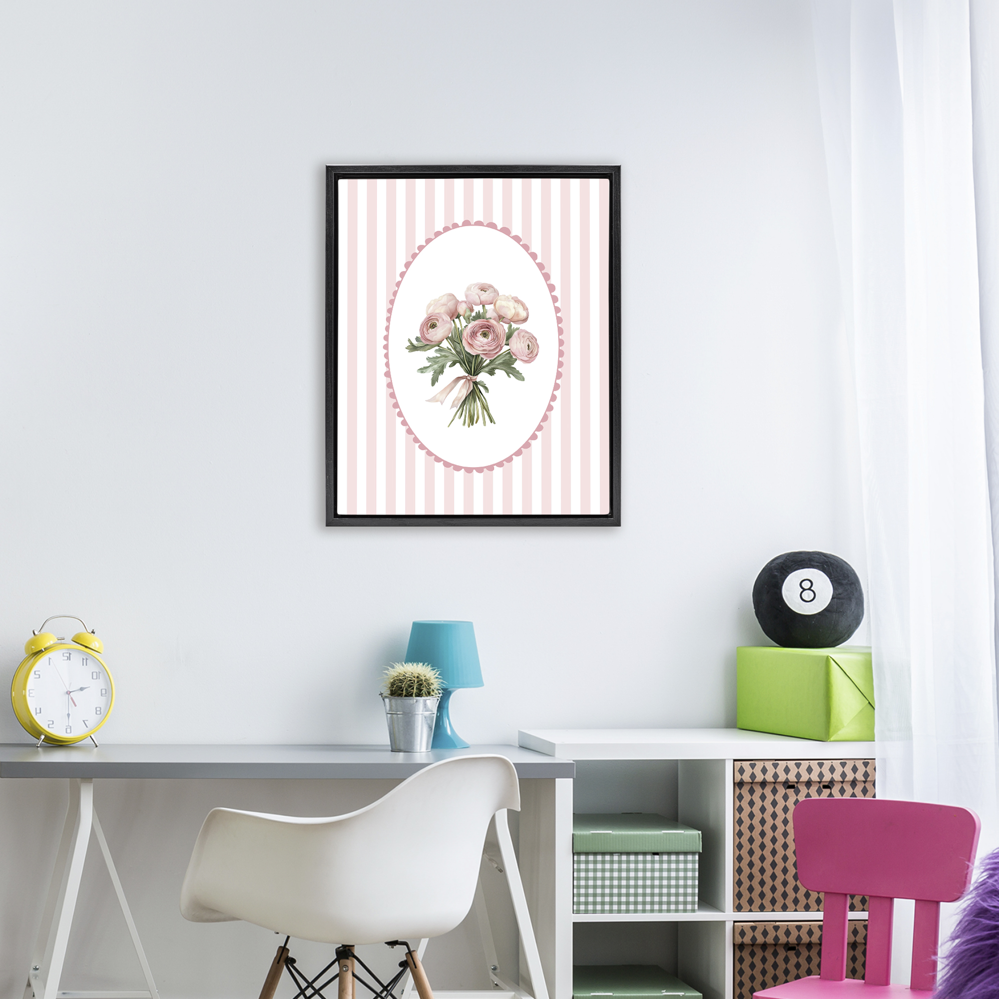 Peony Bouquet on Gentle Stripes Black Framed Floater Canvas Wall Art, design by Christine Simpson Art