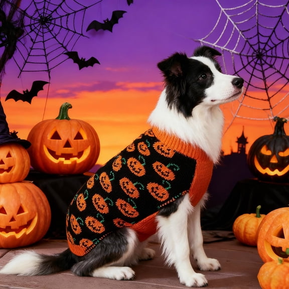 Halloween Dog Sweater Pumpkin Pattern Puppy Jumper with Back Leash Hole Stretchy Acrylic Pet Warm Top for Small Medium Large Dogs Halloween Party Daily Walking XS