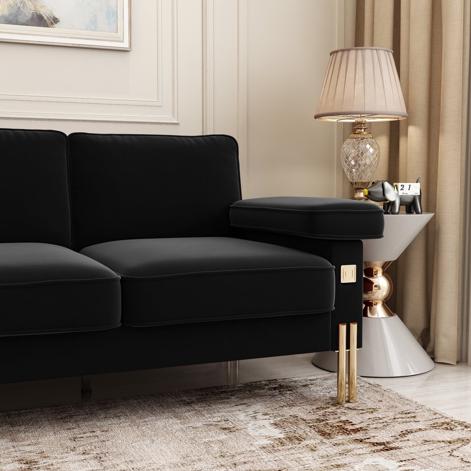 Resenkos 93"W 3-Seater Velvet Sofa Couch Contemporary with Extra-Deep Padded Cushions, Black