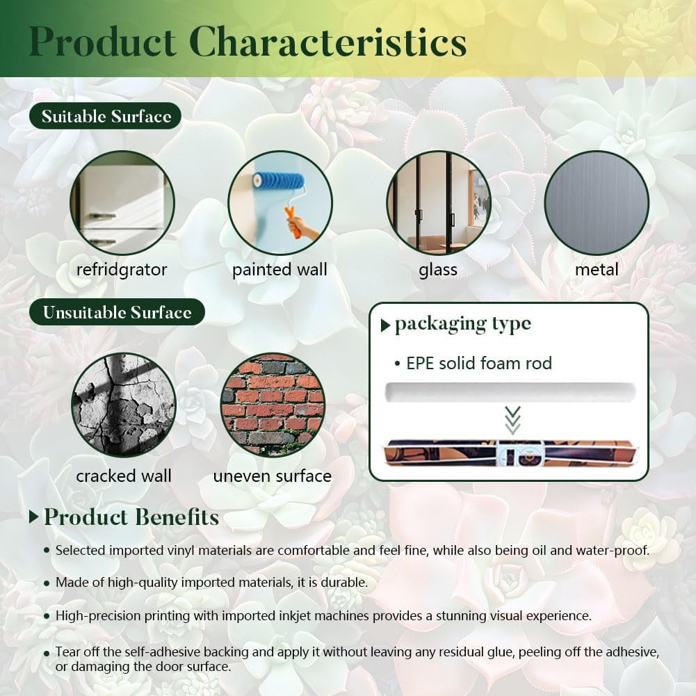 2 Sheet Succulents Removable Refrigerator Wraps Self-Adhesive Fridge Stickers Peel and Stick Vinyl Fridge Decals Sticker