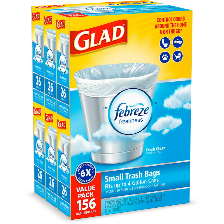 Glad Small Twist-Tie White Trash Bags, Fresh Clean Scent with Febreze  Freshness (4 gal., 156 ct.)