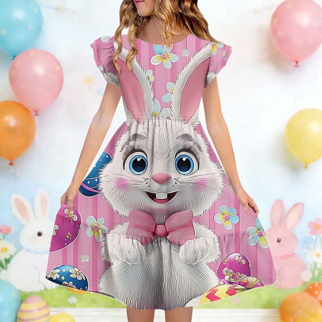 Robe d'Été pour Enfants à Manches Plissées à Double Couche Imprimée pour 5-14 Ans