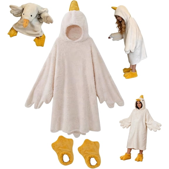 Duck Pajamas Onesie, Goose Costume Hoodie Blanket Soft Animal Wearable Blanket With Sleeves & Feet Slippers (L)