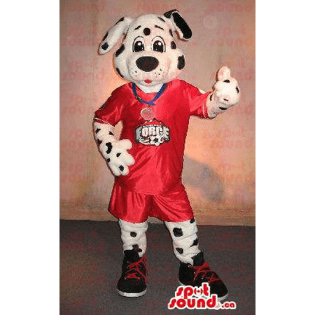 Dog Plush SPOTSOUND Mascot In Red Sports Gear With A Medal - Dog mascots