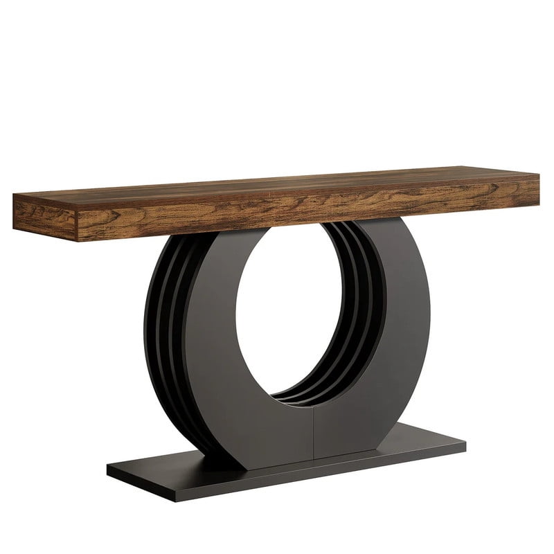 Curved Base Accent Entryway Table, Wooden Console Table with Wide Tabletop, Side Sofa Table with Circular Pedestal