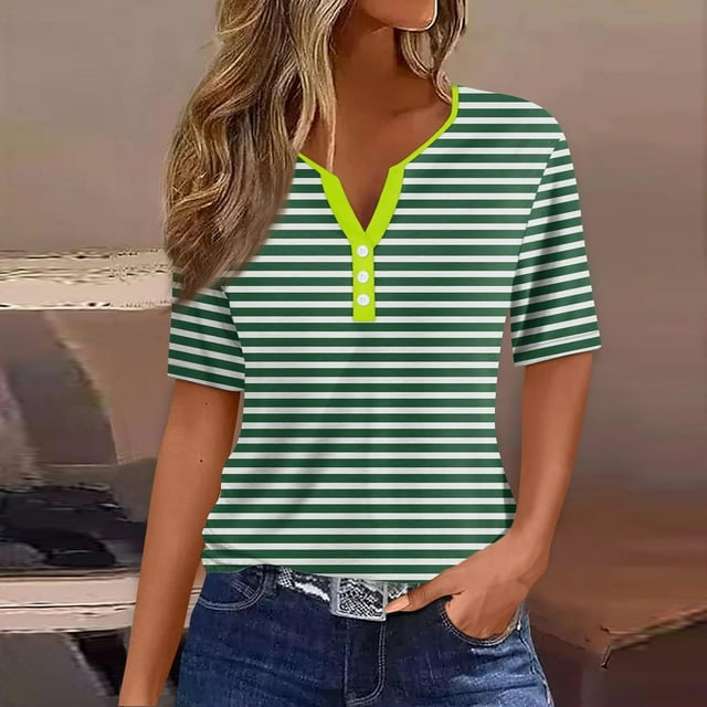 DPTALR Blouse à Rayures pour Femmes Manches Courtes Col en V T-Shirt Décontracté Boutons Hauts