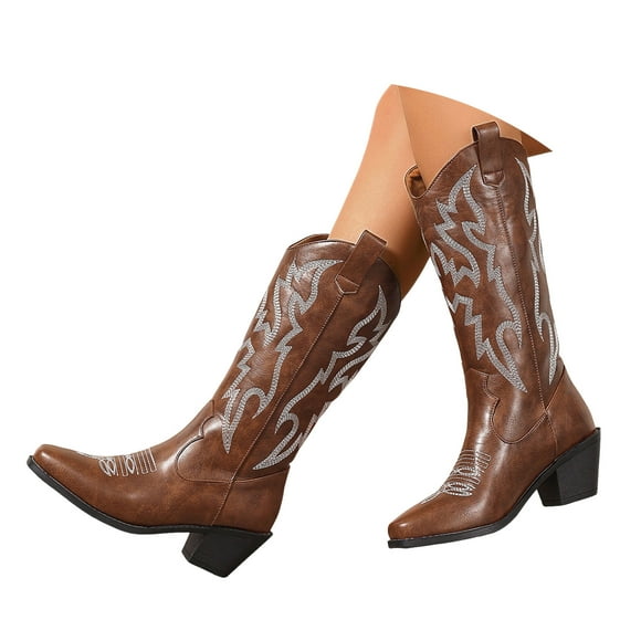 Mepaouo Western Cowboy Boots for Women Wide Calf Cowgirl Knee High Boot Embroidered Pull on Ladies Shoes