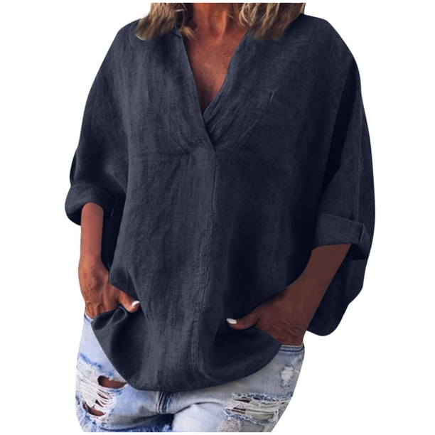 Vestidos Casuales Para Mujer, Blusas De Mujer De Moda Blusa informal de manga corta con solapa y cuello halter para mujer, color liso, con mangas 3/4