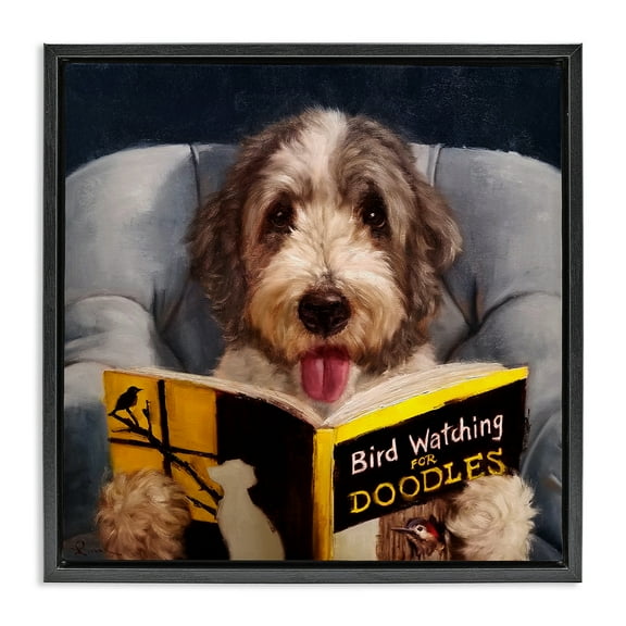 Stupell Industries Dog with Bird Watching Book Animals & Insects Painting Black Floater Framed Canvas Art Print Wall Art, 18 x 18
