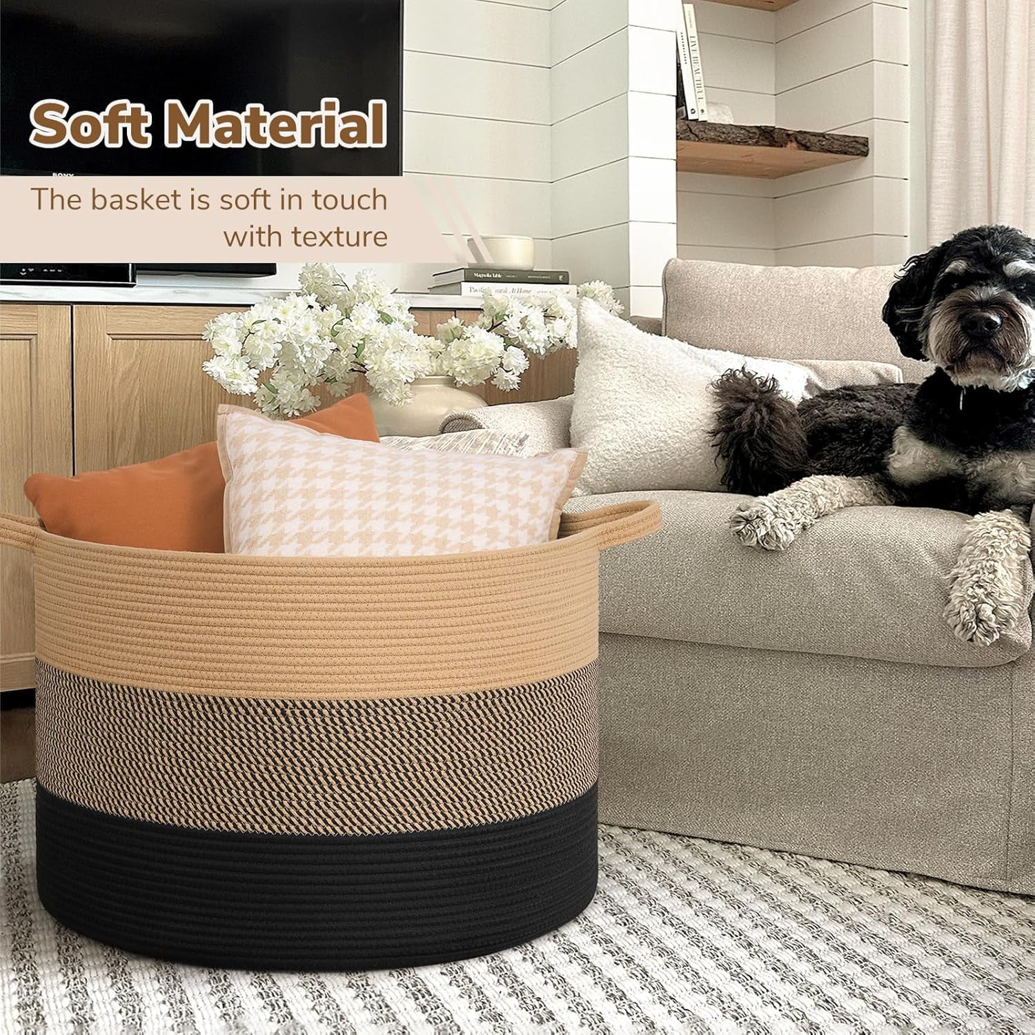 UniMall 115L Extra Large Blanket Basket for Apartment Décor, Woven Baby Laundry Hamper Shoe Basekts for Entryway, Wicker Storage Basket for Organizing, Camel Mix & Black